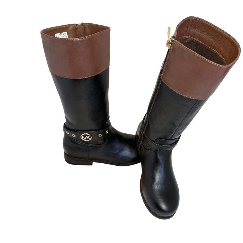 Michael Kors Emma Derby Boots Girls 2 Black Tan Riding Gold Logo Chic Classic